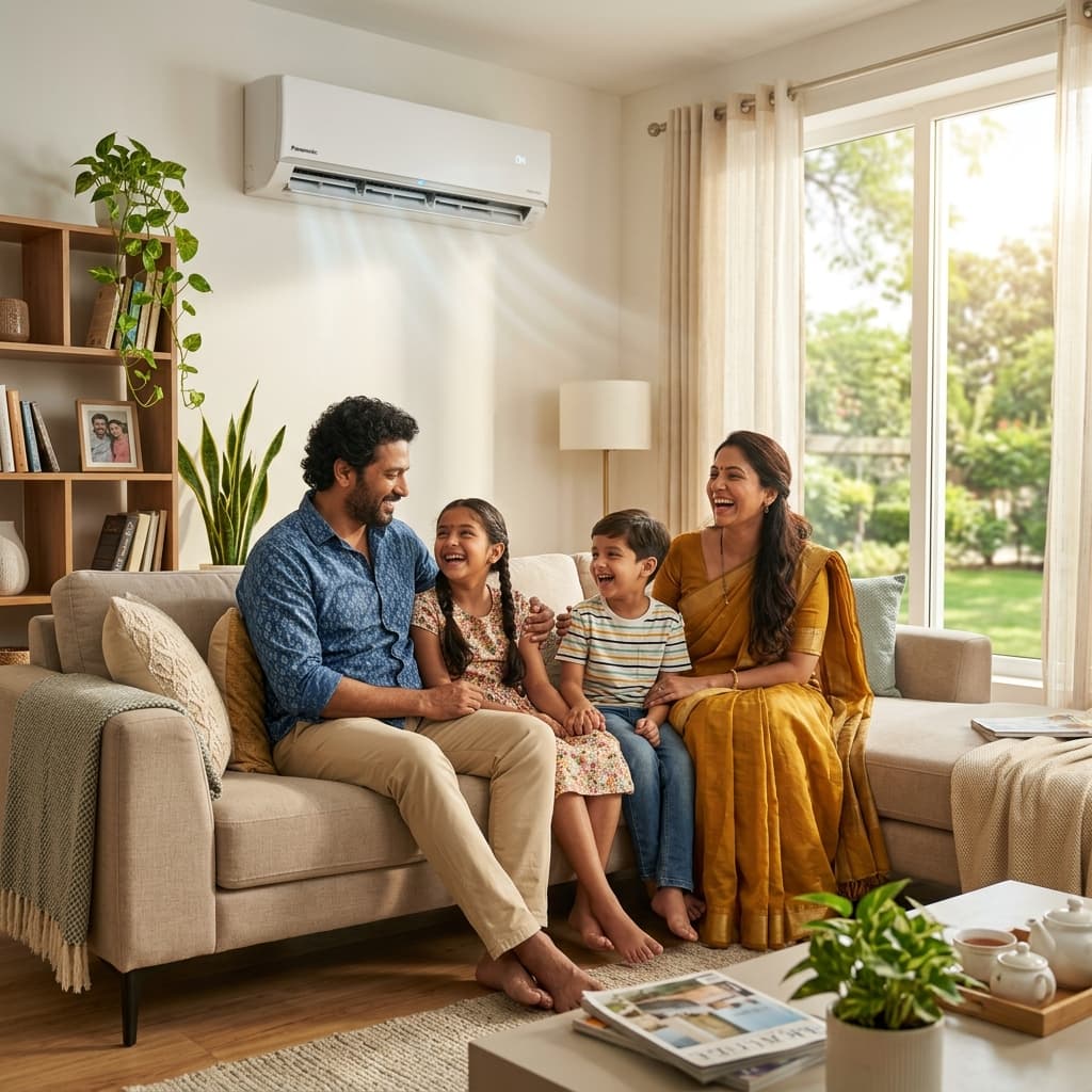 Happy family enjoying free electricity with AC